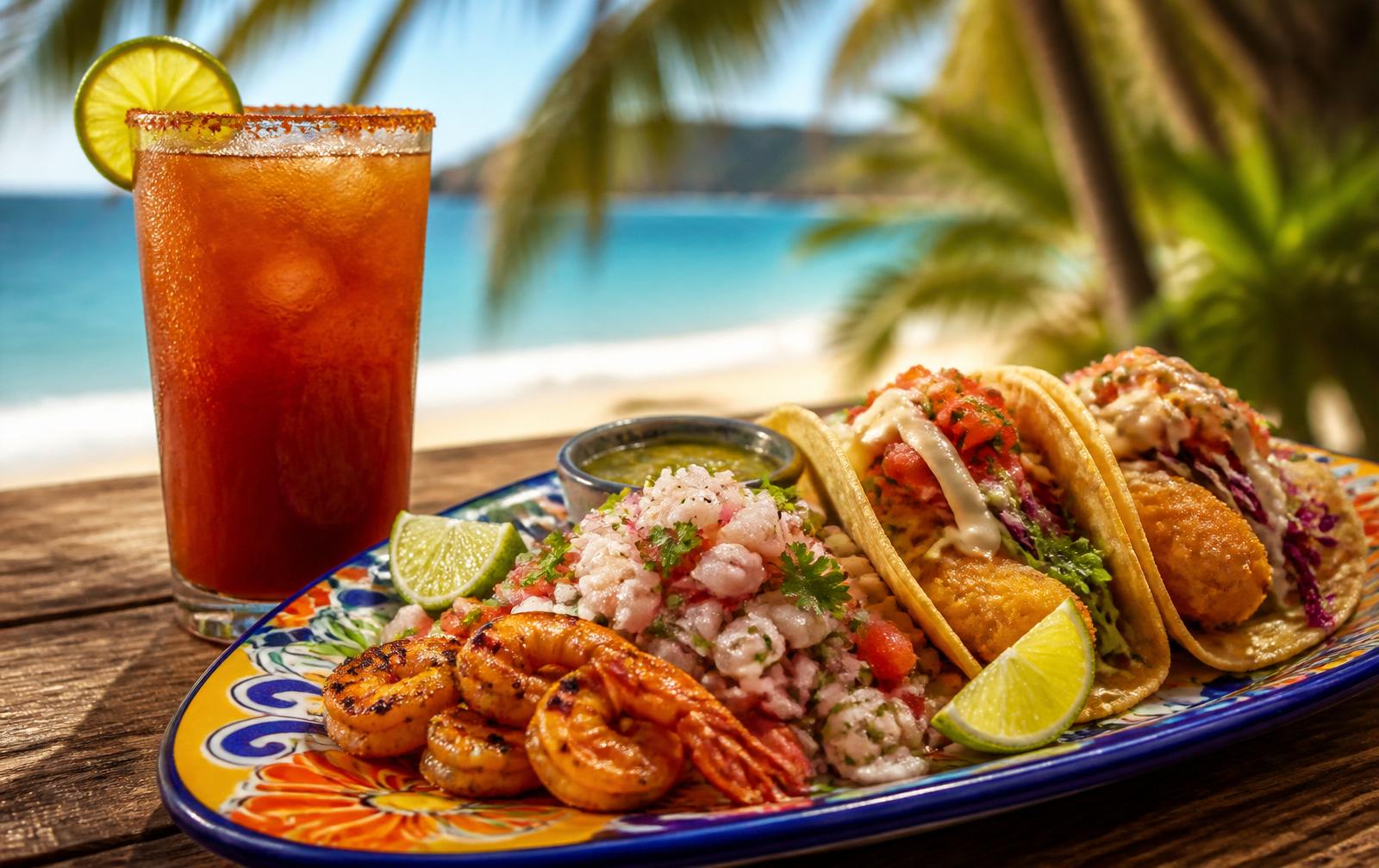 Platillo de mariscos frescos de Playita Mexicana en la playa